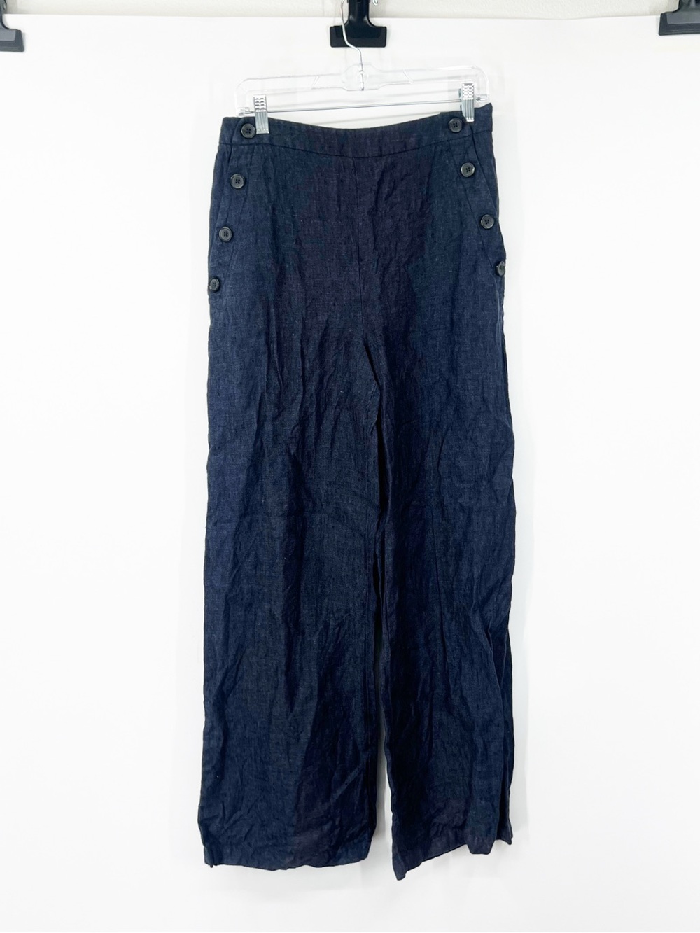 Garnet Hill 100% Linen Wide-Leg Button Pants High Rise Navy